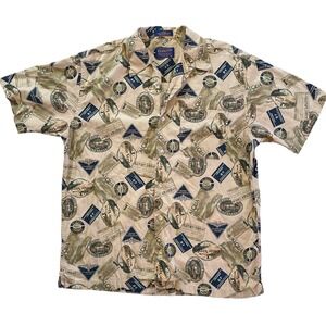 Pendleton Shirt Men Medium Hawaiian Camp Travel Trains Luggage Tags AOP Vintage